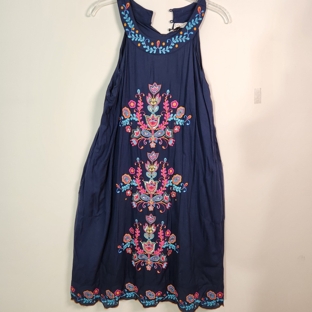 Lula‎ Soul Navy Blue Embroidered Beaded Halter Shift Dress XL New With Tags